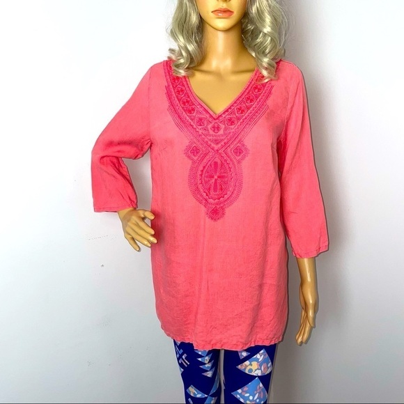 Tommy Bahama 100% Linen Tunic Embroidered V-Neck Salmon Size Small Petite - Picture 1 of 11